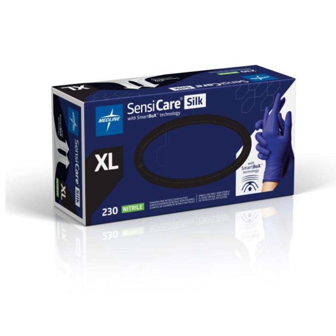 A box of Medline SensiCare Silk Nitrile Exam Gloves with SmartBoX Design, featuring a blue glove illustration and the number 230 for glove count.